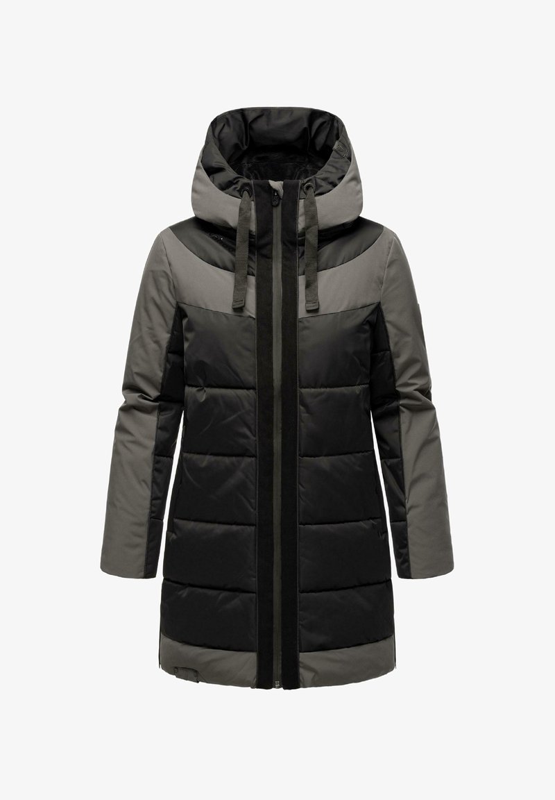 Polstret jakke med et tofarvet design i mørkegrå og sort. Har høj krave, lynlås lukning og justerbar hætte.