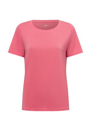 Korte mouwen T-shirt in het roze, gemaakt van lichtgewicht stof. Heeft een ronde hals en een gladde textuur zonder zichtbare patronen of accenten.