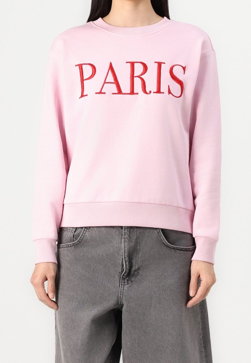 Personne portant un sweat-shirt rose clair avec "PARIS" en grandes lettres rouges et un jean gris foncé ample, debout devant un fond uni.