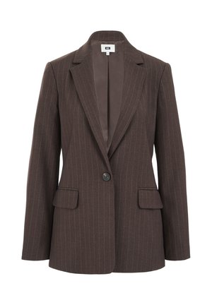 Brown pinstriped blazer with a notched lapel, single button closure, and two front pockets. Smooth interior lining in a darker shade.