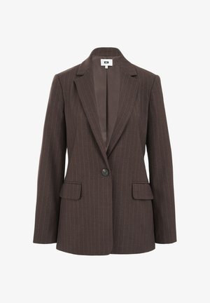 Bruine pinstriped blazer met een notch-lapel, enkele knoopsluiting en twee voorzakken. Gladde binnenvoering in een donkerdere tint.