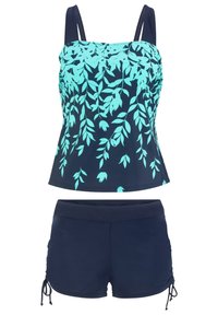Top da nuoto blu navy con motivo a foglie turchese; spalline regolabili. Pantaloni corto abbinati blu navy con lati con cordino e texture liscia.