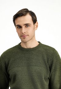 Jersey de color verde oscuro de punto con una sección superior texturizada de canalé y un cuerpo liso. Cuello redondo y mangas sin costuras. Tejido suave.