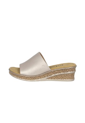 Wedge sandalen met een metallic beige synthetische bovenkant, open teen en geperforeerde kurkachtige tussenzool. Platte en gestructureerde rubberen buitenzool voor grip.