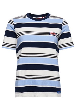 Gestreept T-shirt in blauw, wit en marineblauw. Katoenen stof met korte mouwen, ronde hals en een logo-opdruk op de linkerborst.