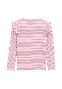 Maglietta a maniche lunghe realizzata in morbido tessuto, caratterizzata da righe orizzontali rosa e bianche, con dettagli arricciati sulle spalle e orlo a scallop.