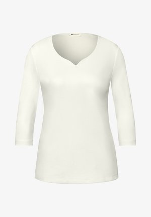 Weißes Langarmshirt mit V-Ausschnitt, aus weichem Stoff mit glatter Textur und lockerem Sitz. Einfaches und klassisches Design.
