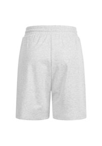 Jasnoszare, casualowe szorty z elastycznym pasem, gładki design, wyeksponowane na płasko, z tylną stroną skierowaną do przodu.