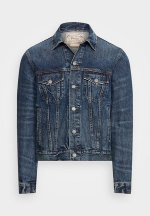 Chaqueta vaquera clásica azul para hombre con cierre de botones, cuello puntiagudo, dos bolsillos con solapa en el pecho y bolsillos laterales.