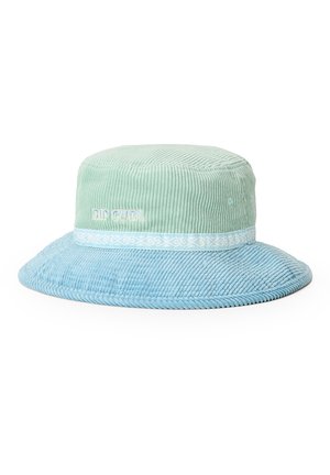 Lichtgroene en blauwe corduroy bucket hat met "Rip Curl"-logo en decoratief bandje rond de kroon.