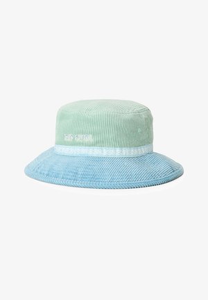 Lysegrøn og blå manchet bucket hat med "Rip Curl"-logo og dekorativt bånd omkring kronen.