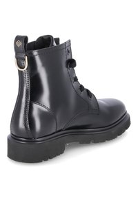 Black leather ankle boot with a smooth texture, round toe, lace-up front, and gold accents on the heel. Rugged sole for traction.