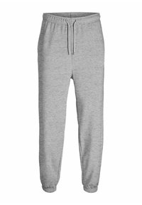 Grå sweatetpants med elastisk talje og snøre, med manchetter ved anklerne og et blødt, tekstureret stof.