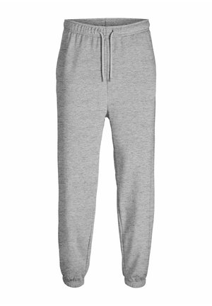 Szürke sportpantalon, elasztikus derékrésszel és zsinórral, visszahajtott bokákkal és puha, texturált anyagból.