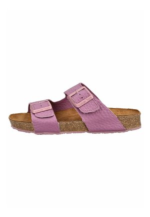 Sandał typu slip-on z dwoma regulowanymi różowymi skórzanymi paskami i klamrami, profilowaną korkową wkładką i teksturowaną gumową podeszwą.