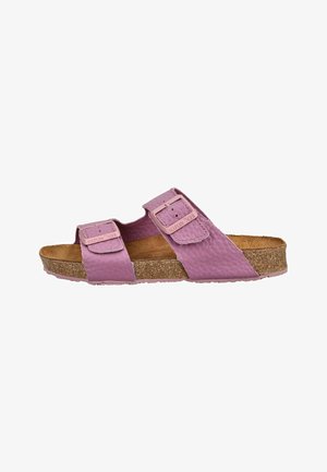 Slip-on Sandale mit zwei verstellbaren pinkfarbenen Lederriemen und Schnallen, konturiertem Korkfußbett und einer strukturierten Gummisohle.