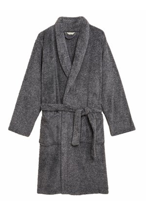 Grijze, pluche badjas met een sjaalkraag, lange mouwen, een strikceintuur in de taille en twee voorklauwen. Zachte textuur en een middellange snit.