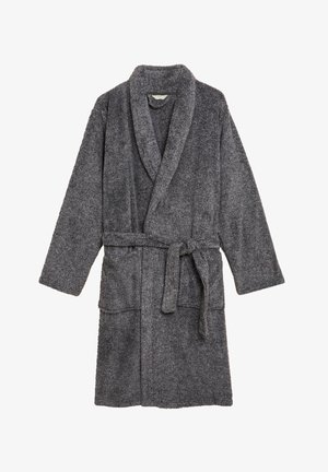 Gray, plush bathrobe with a shawl collar, long sleeves, tie belt at the waist, and two front pockets. Soft texture and mid-length design.