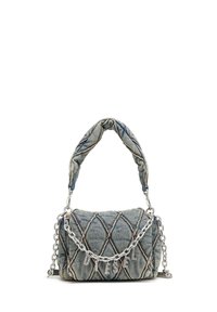 Denim handbag with quilted pattern, blue color, short braided handle, and silver chain strap featuring metallic brand lettering detail.