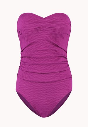Strapless one-piece swimsuit in bright purple with textured chevron pattern and ruching details across the torso.