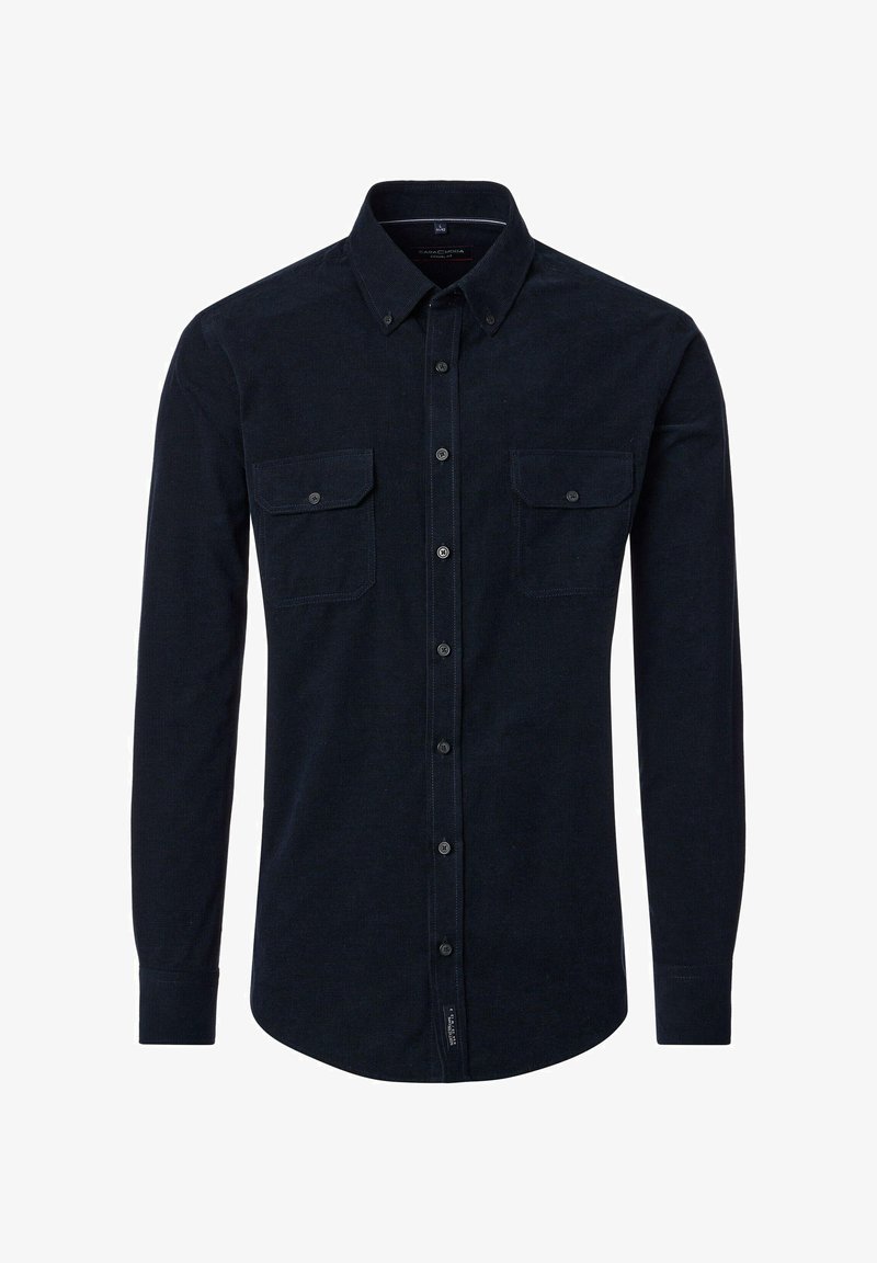 Dunkelblaues langärmliges Hemd aus weichem Stoff mit durchgehender Knopfleiste, zwei Brusttaschen, Knopkragen und abgerundetem Saum.
