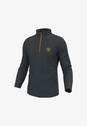 Dunkelgrauer Pullover mit hohem Kragen, halbem Reißverschluss an der Vorderseite und orangefarbenen Akzenten. Verfügt über ein dezentes geometrisches Muster und ein Logo auf der Brust.