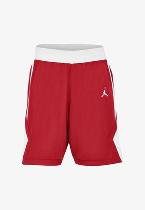 Červené basketbalové šortky s bílým pasem a bočními panely s bílým logem Jumpman na pravé noze.