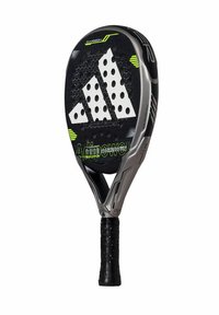 Adidas Adipower padel racket, met een zwart en zilver ontwerp, geperforeerd oppervlak, textuur grip en groene logo accenten.