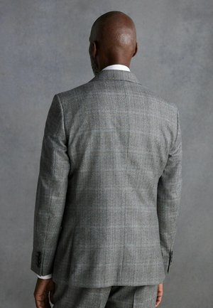 Grau karierter Anzugjacke, einreihiges Design, strukturierte Passform, aus texturiertem Stoff, mit Reverskragen und Drei-Knopf-Manschetten.