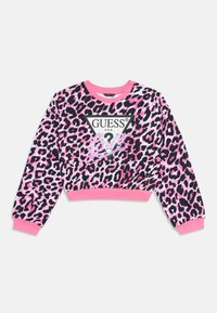 Leopard print sweatshirt featuring pink and black colors, cropped design, ribbed cuffs, and a central logo graphic. Soft fabric texture.