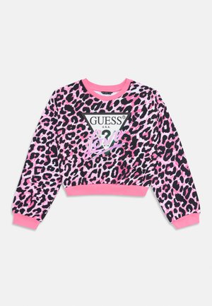 Tricou cu imprimeu de leopard, având culori roz și negru, design scurt, manșete ribbate și un grafic central cu logo. Textură moale a țesăturii.