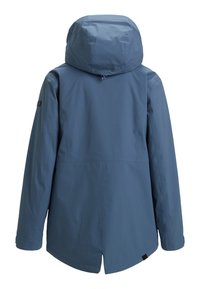 Blue hooded jacket with a smooth, water-repellent exterior. Features a relaxed fit, long sleeves, and a curved hemline at the back.