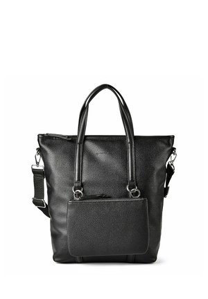 Borsa tote in pelle nera con texture, dotata di due manici, tracolla staccabile e pochette con zip attaccata sul davanti.