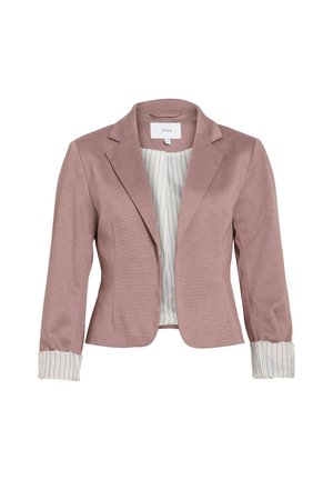 Blazer rose clair avec une coupe ajustée, col à revers, et détail de poignets rayés. Présente une texture lisse et un design à ouverture frontale.