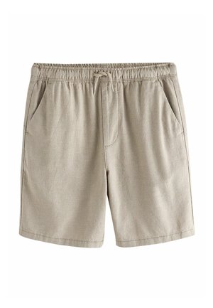 Beige casual shorts with elastic waistband, drawstring tie, side pockets, and straight hem, made from lightweight fabric.