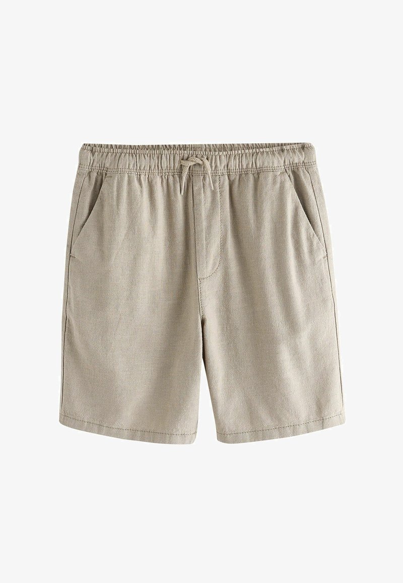 Shorts beiges décontractés avec taille élastique, cordon de serrage, poches latérales et ourlet droit, fabriqués en tissu léger.