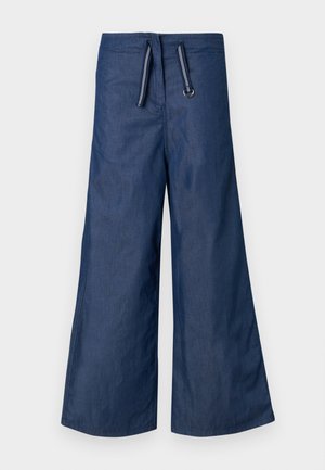 Marineblå bukser med vide ben lavet af let denimstof, med snøre i taljen med kontraststriber og en lige kant.