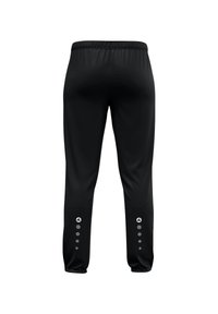 Schwarze Sporthose mit elastischem Bund, schmal zulaufenden Beinen und Druckknopfakzenten am Saum. Hergestellt aus leichtem, glattem Stoff.