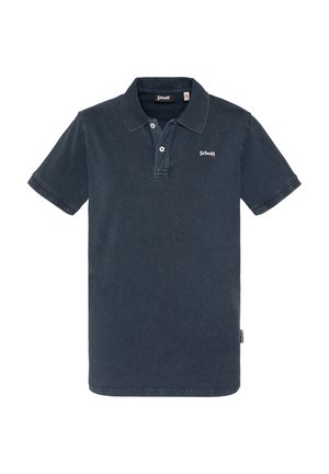 Polo shirt bleu marine en coton, avec un col à deux boutons, des manches courtes et un logo brodé sur la poitrine.