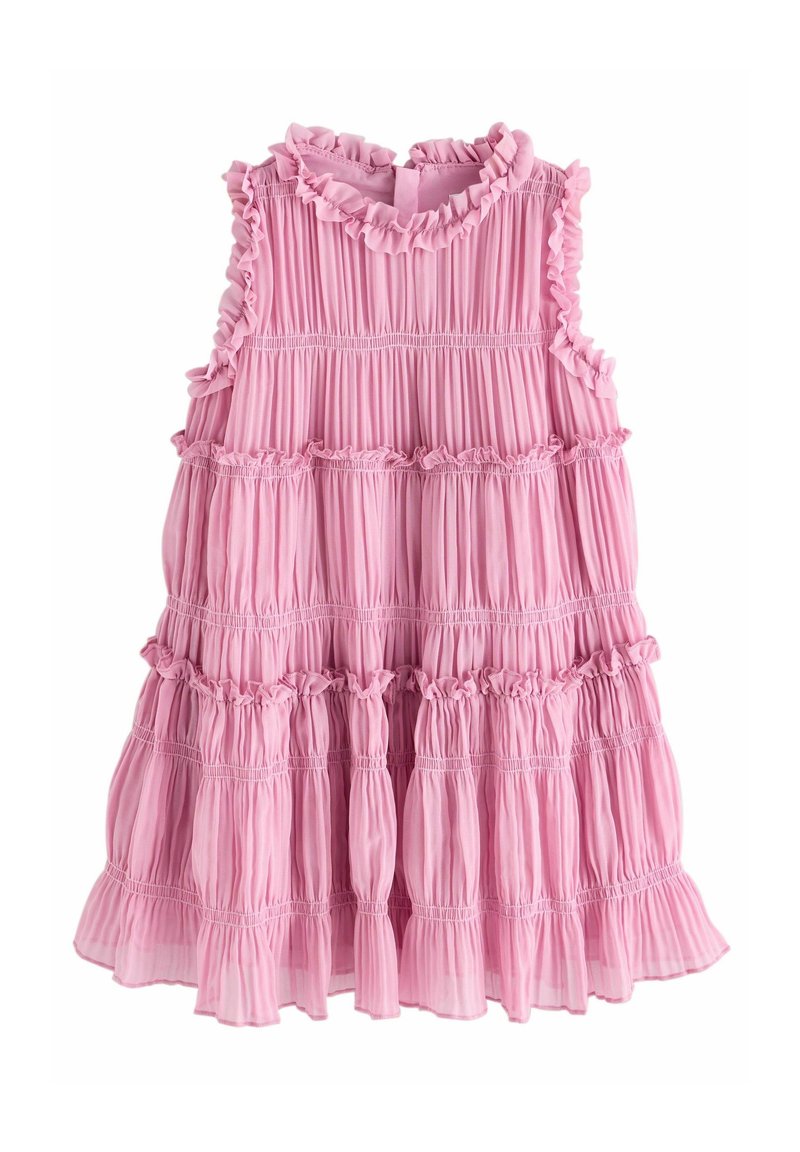 Robe rose plissée sans manches avec bords à volants et design à étages, adaptée pour un enfant.