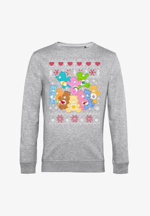 Gray sweatshirt featuring a colorful print of cartoon bears, hearts, and snowflakes, with ribbed cuffs and hem.