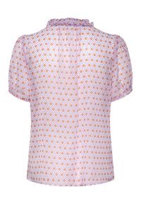 Lila Bluse mit einem Rautenmuster in Orange und Weiß, kurzen Puffärmeln und einem rüschierten Ausschnitt. Leichter, strukturierten Stoff.