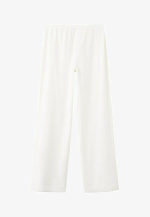 Hvide løstsiddende bukser med elastisk taljebånd, lige vide ben og en glat stoftekstur, vist på en ensfarvet baggrund.