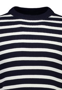 Pull en tricot côtelé avec des rayures horizontales bleu marine et blanches et un col rond.