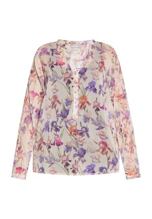 Läbipaistev lilleline pluus, millel on lillad, roosad ja sinised mustrid, pikad varrukad, V-kaelus ja neli ümmargust nuppu esiosas.