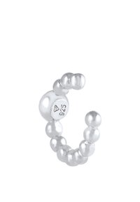 Anello in argento 925 con design a perle; presenta una forma curva, una texture liscia e perle di dimensioni alternate con una finitura lucida.