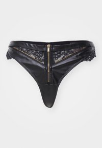 Tanga nero in pelle e pizzo, con cerniera frontale e dettagli in pizzo elaborati sui lati. Design liscio e aderente.