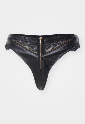 Schwarzer Tanga aus Leder und Spitze, mit einem Reißverschluss vorne und aufwendigen Spitzenverzierungen an den Seiten. Glattes, körpernahes Design.
