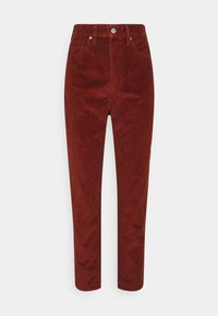 Pantalon en velours côtelé de couleur rouge foncé, doté d'une taille haute, de jambes droites, de poches avant et d'une fermeture à bouton. Tissu texturé avec des fines côtes.