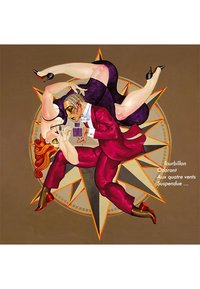 Illustration av en man i en röd kostym och en kvinna i en svart klänning, sammanflätade mot en bakgrund av kompassstjärnor, med starka färger och dynamiska poser.